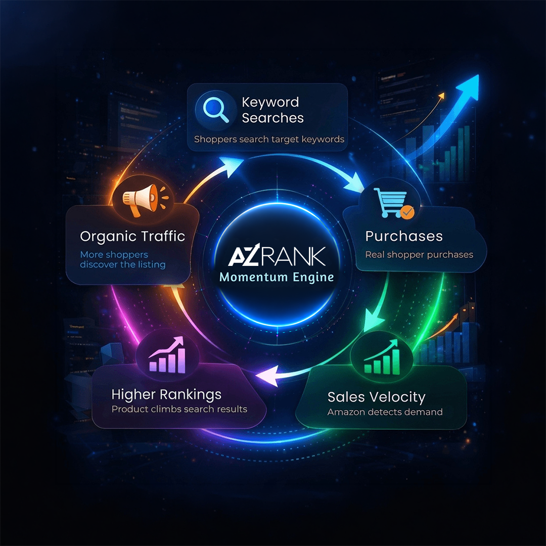 AZ Rank Momentum Engine flywheel from keyword searches and purchases to sales velocity, higher rankings and organic traffic